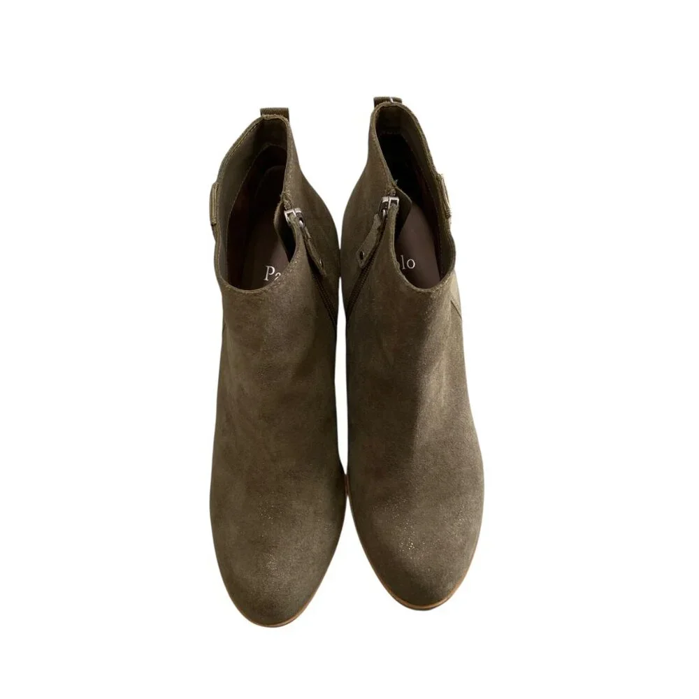 Linea‎ Paolo Suede Leather Wedge Ankle Booties Womens 9M Taupe Shimmer Zipper